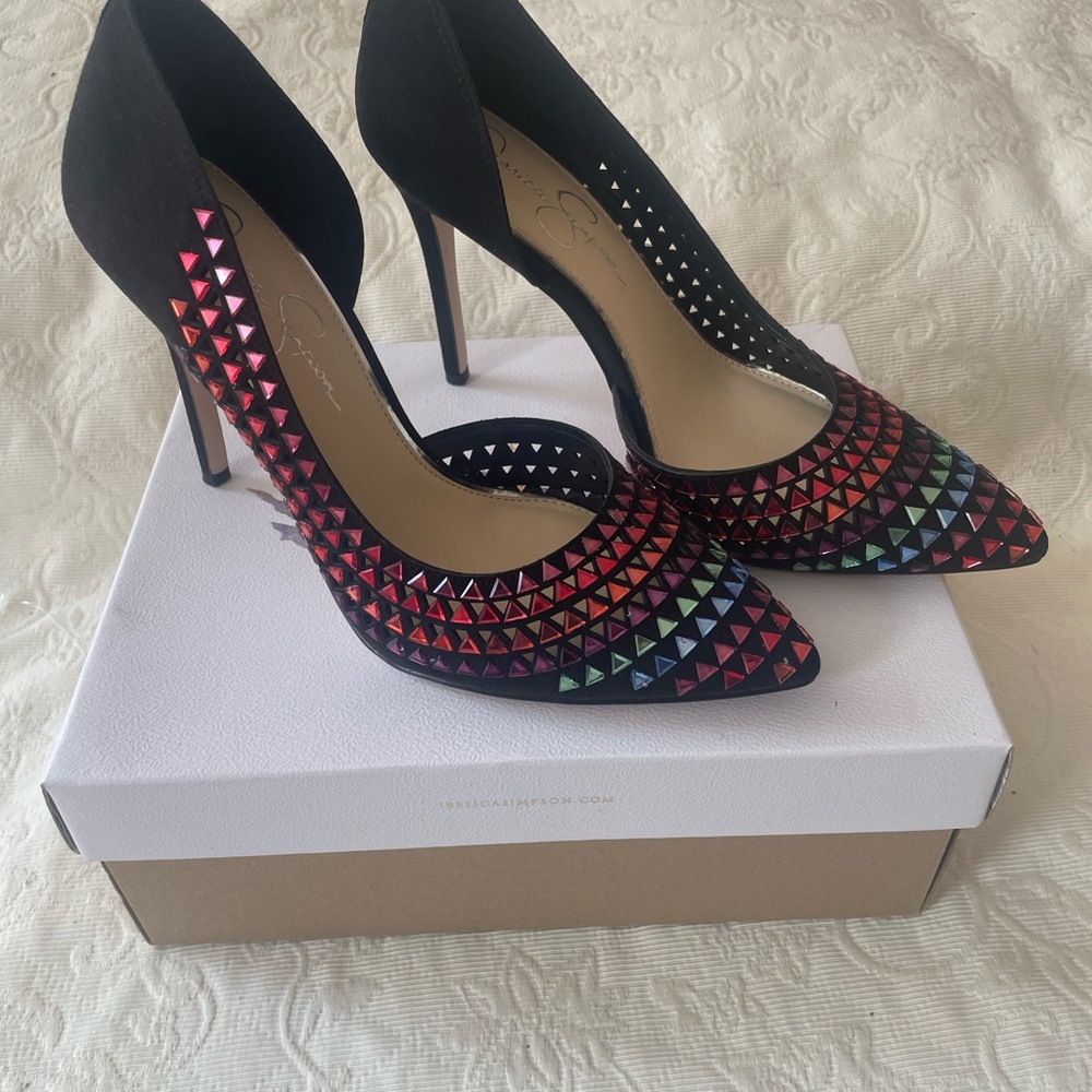 Jessica Simpson Black Heels with Vibrant Multicolor Accents - Picture 3 of 11